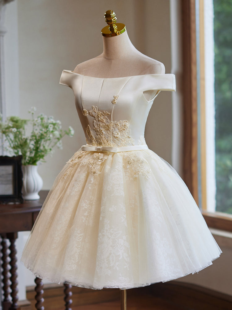 Lovely Knee Length Tulle Party Dress, Champagne Off the Shoulder Homecoming Dress US 8 / Custom Color Lovely Knee Length Tulle Party Dress, Champagne Off the Shoulder Homecoming Dress US 8 / Custom Color
