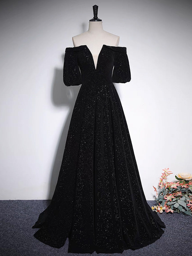 A-Line V Neck Velvet Black Long Prom Dress, Black Formal Evening Dress shopluu A-Line V Neck Velvet Black Long Prom Dress, Black Formal Evening Dress shopluu