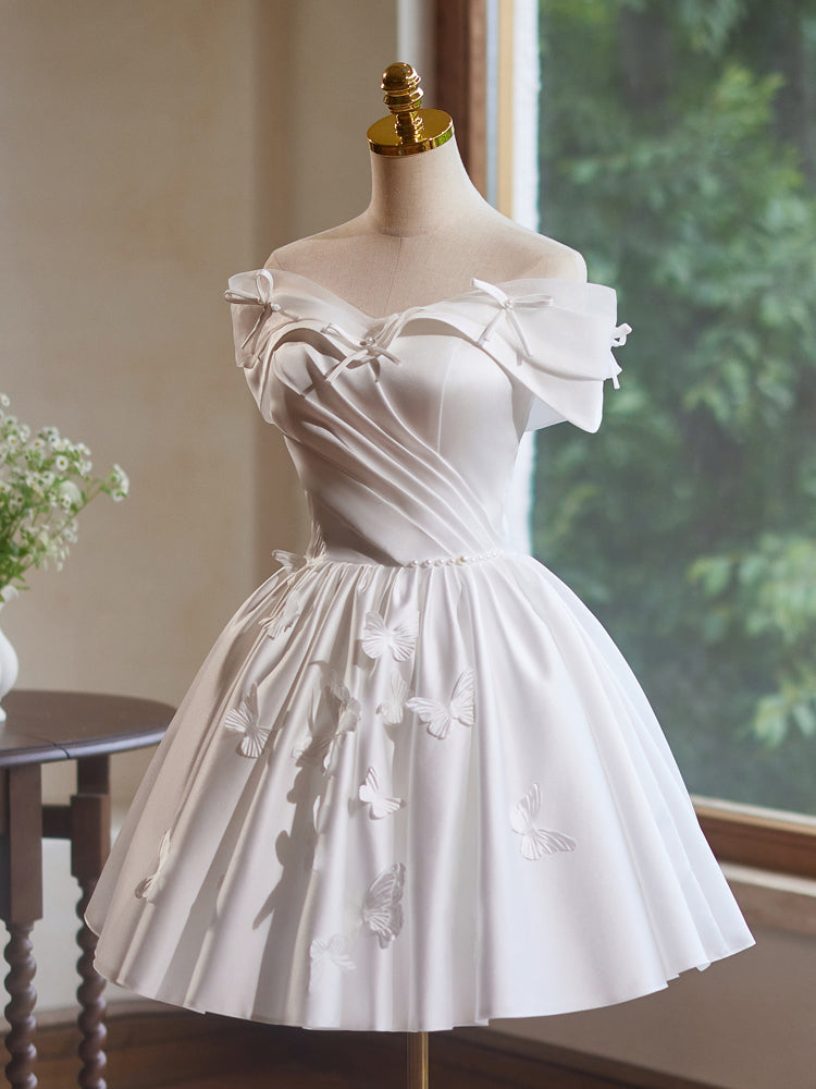 A Line Off The Shoulder Short White Satin Prom Dresses, Short White Formal Homecoming Dresses, US 6 / Custom Color / with Rush+$19.99 A Line Off The Shoulder Short White Satin Prom Dresses, Short White Formal Homecoming Dresses, US 6 / Custom Color / with Rush+$19.99