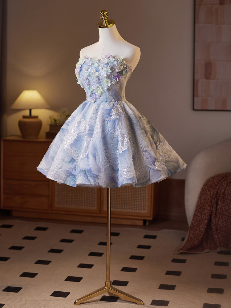 A-Line Sweetheart Neck Flower Blue Short Prom Dress, Blue Homecoming Dress