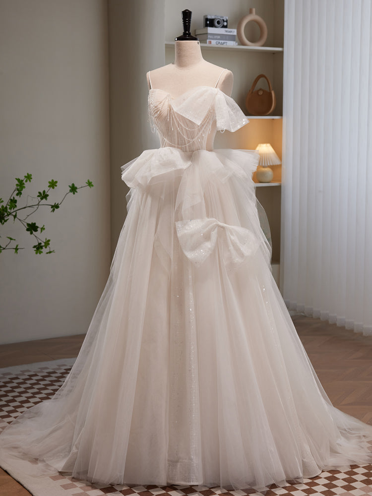 Light Champagne Tulle Long Princesse Dress, Lovely Spaghetti Straps Evening Party Dress US 10 / Light Champagne Light Champagne Tulle Long Princesse Dress, Lovely Spaghetti Straps Evening Party Dress US 10 / Light Champagne