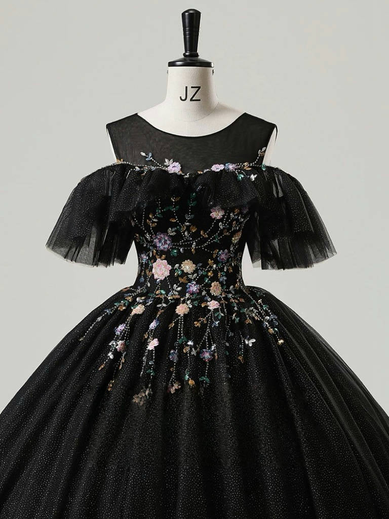 A-Line Round Neck Tulle Lace Black Long Prom Dress, Black Long Sweet 16 Dress