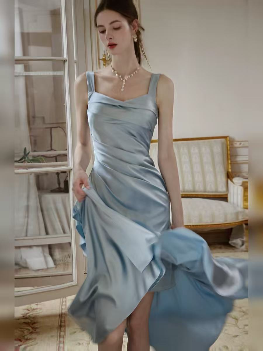 Elegant A-line Satin Tea Length Blue Prom Dress, Blue Formal Dress