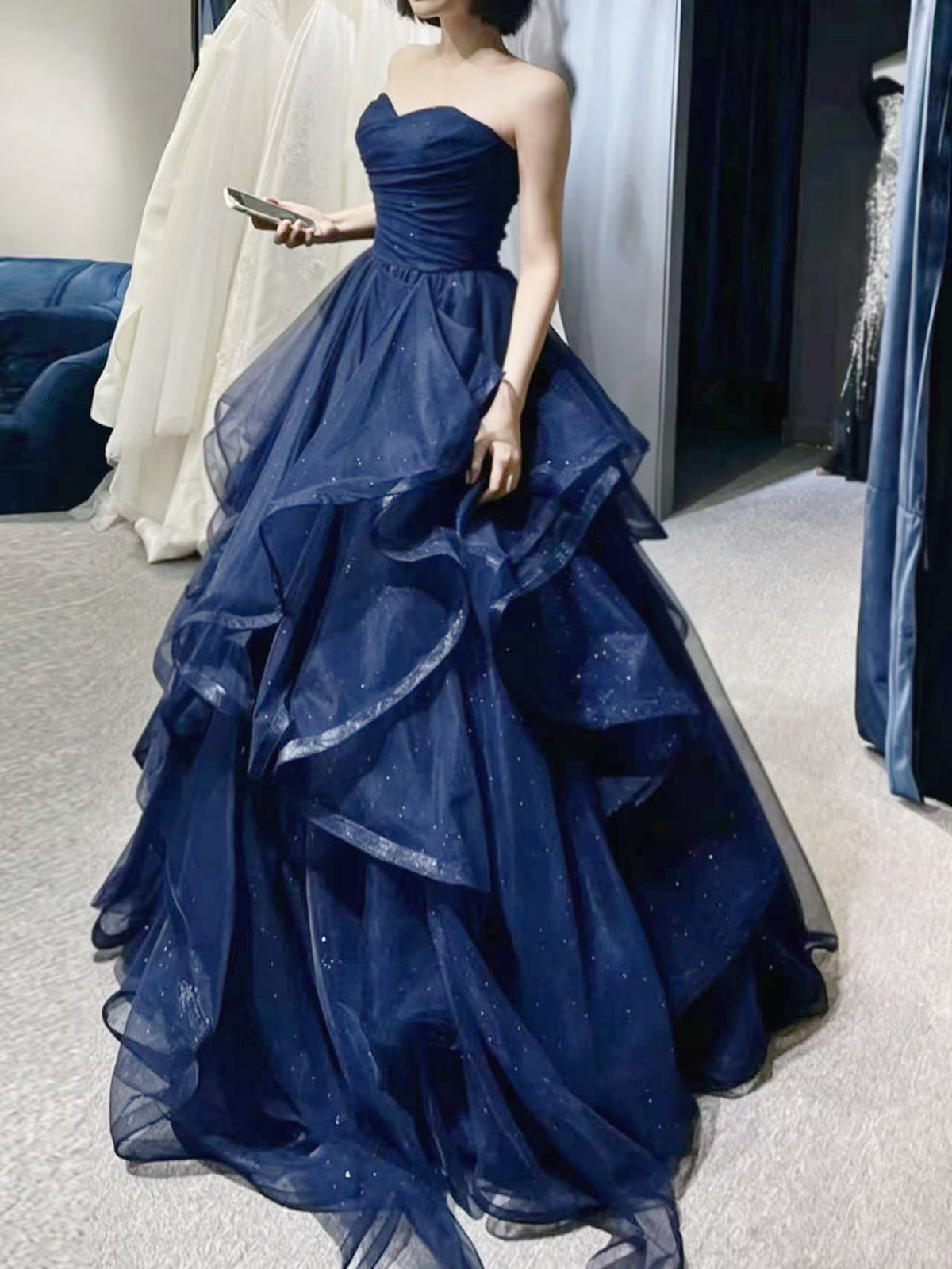 A-Line Sweetheart Neck Tulle Long Prom Dress, Dark Blue Long Formal Dress