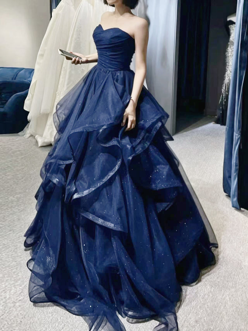 blue sweetheart neckline prom dress A-Line Neck Tulle Long Dress, Dark Long Formal Tulle MATERIAL:Viscose scallop 27 Dresses Birthday Theme: please check our Color