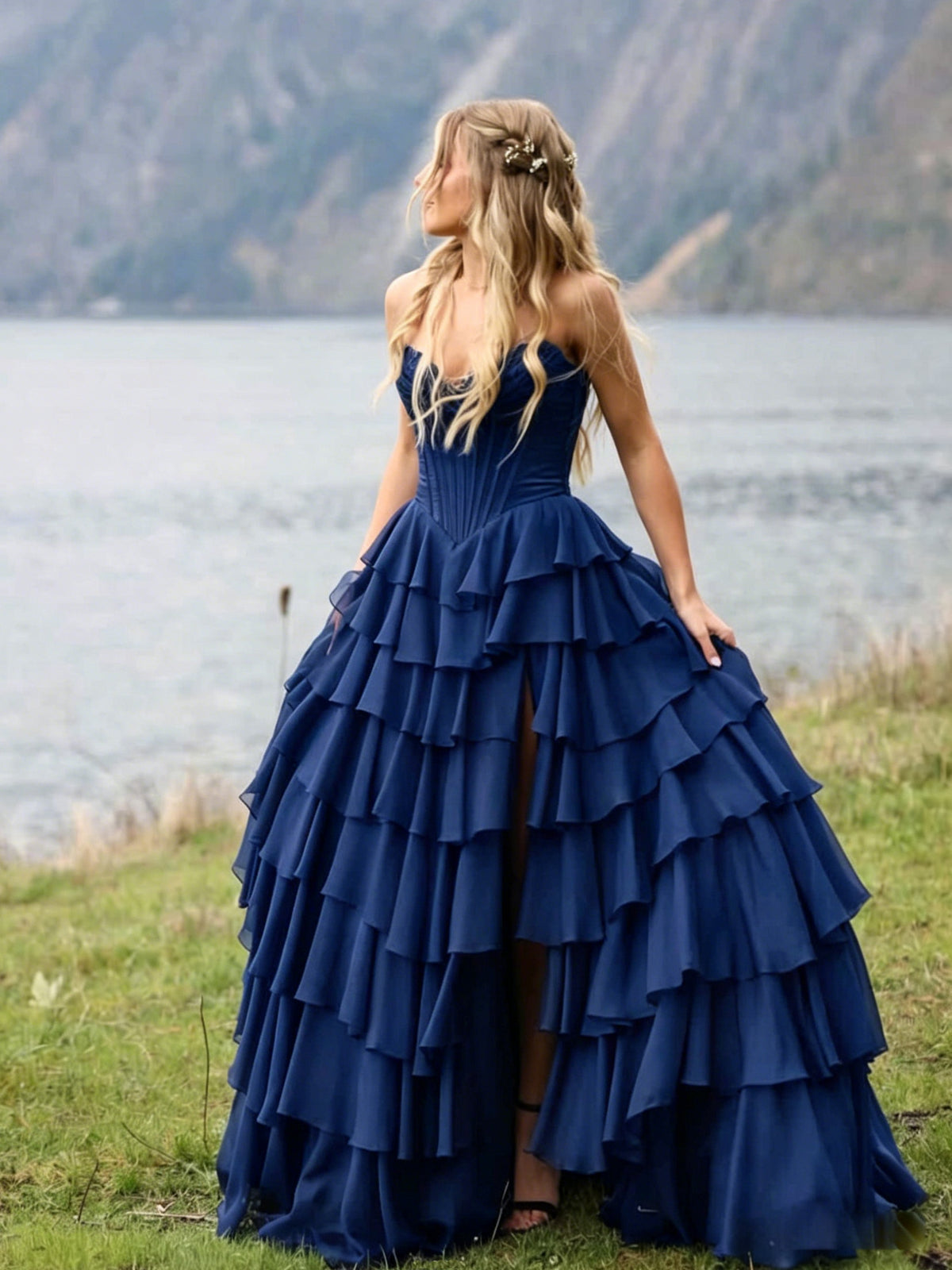A-line V Neck Chiffon Ruffles Floor Length Prom Dress