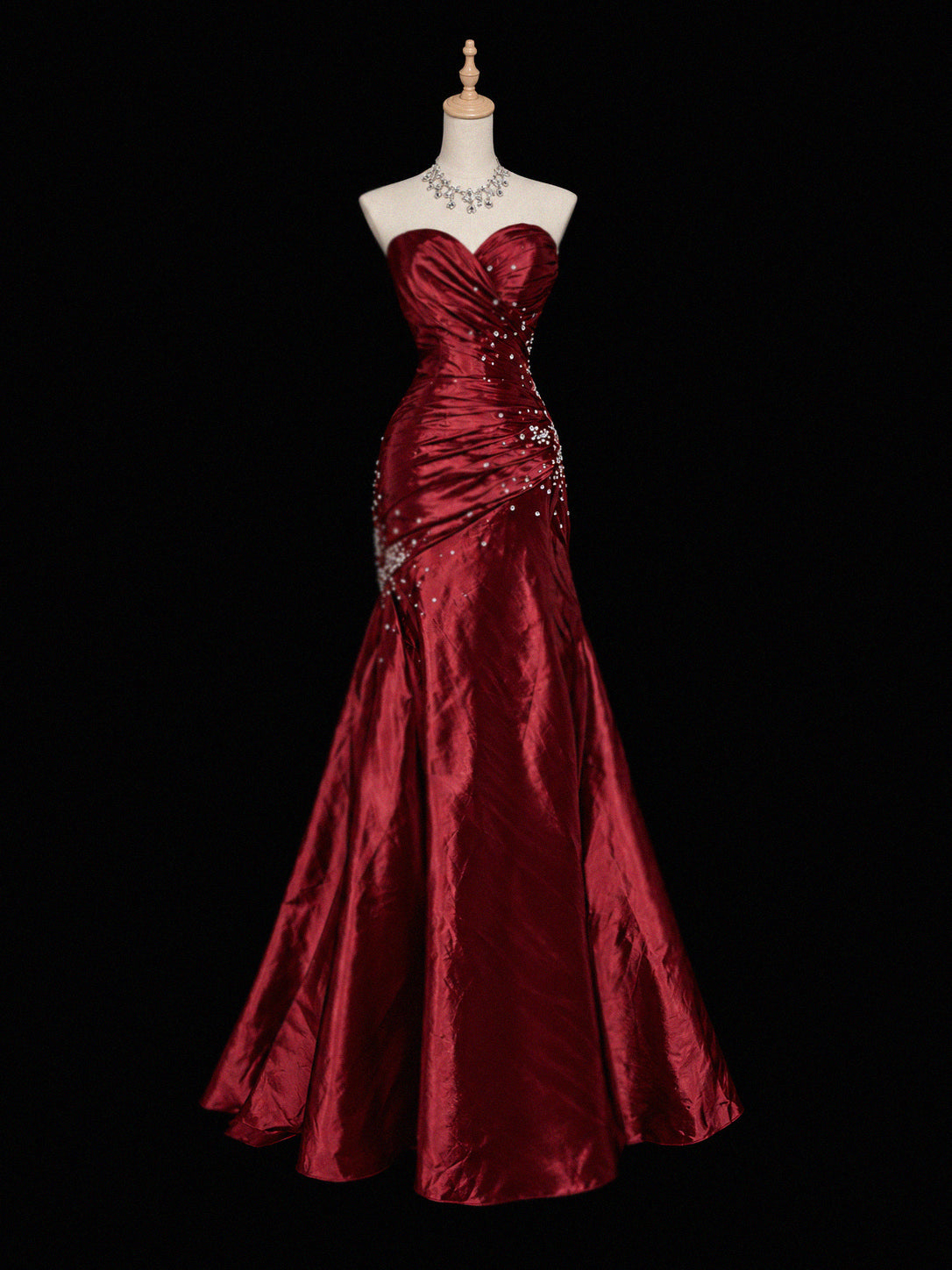 Mermaid Sweetheart Taffeta Sequin Burgundy Long Prom Dress with Beads
