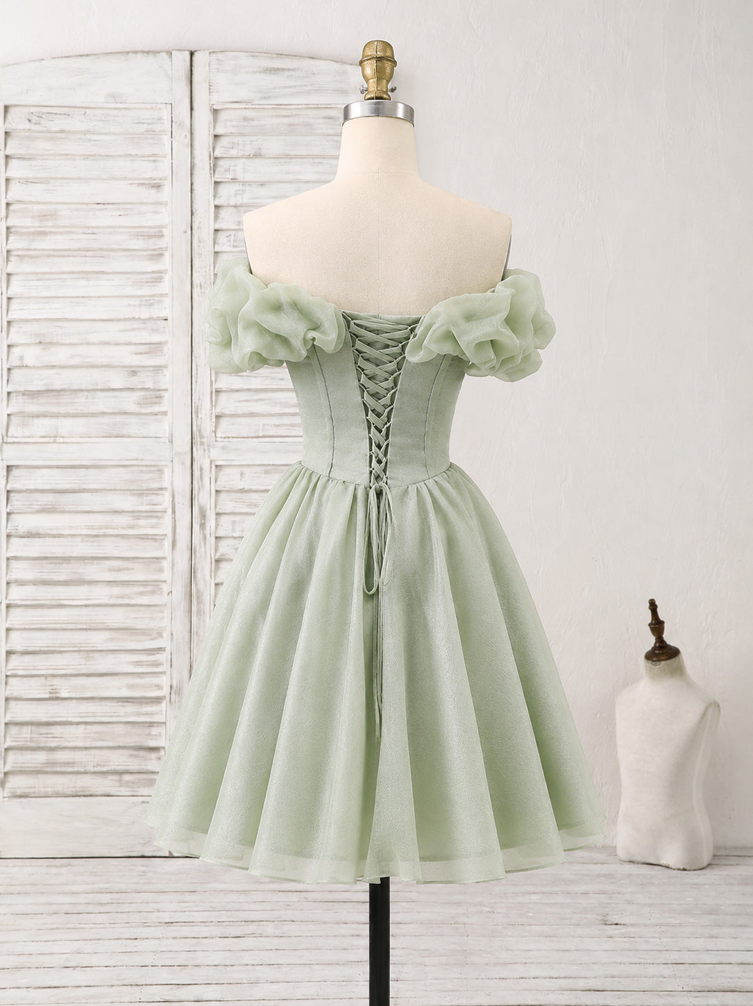 A-line Off Shoulder Short Green Prom Dress, Cute Homecoming Dress with Beads