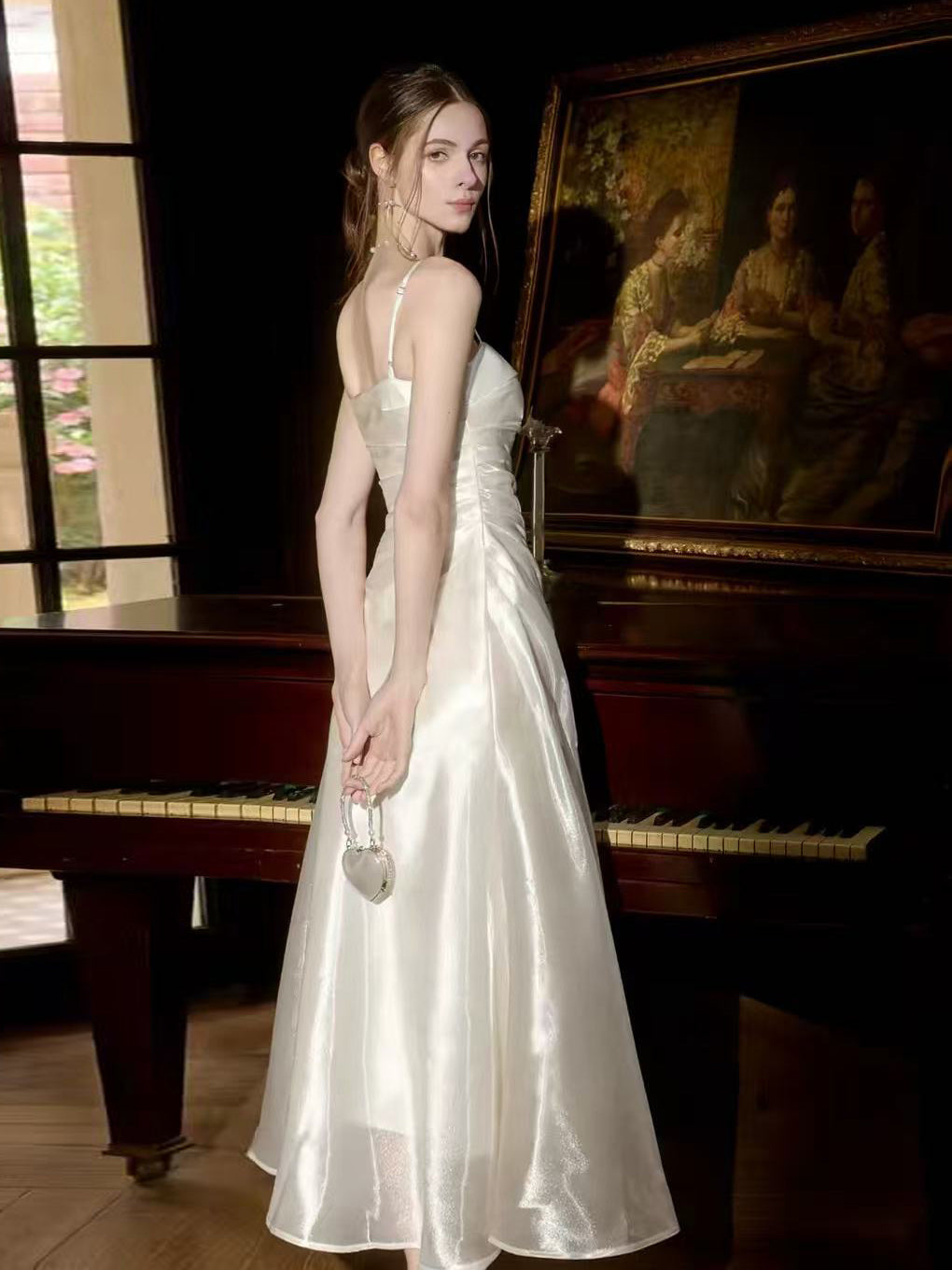 White Cowl Neck Spaghetti Strap Ruched Tea Lengt A-Line Prom Dress