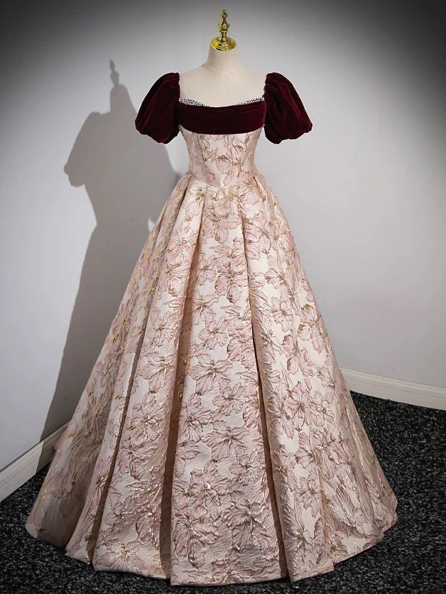 A-Line Printed Satin Floor Length Champagne Pink Prom Dress with Beads