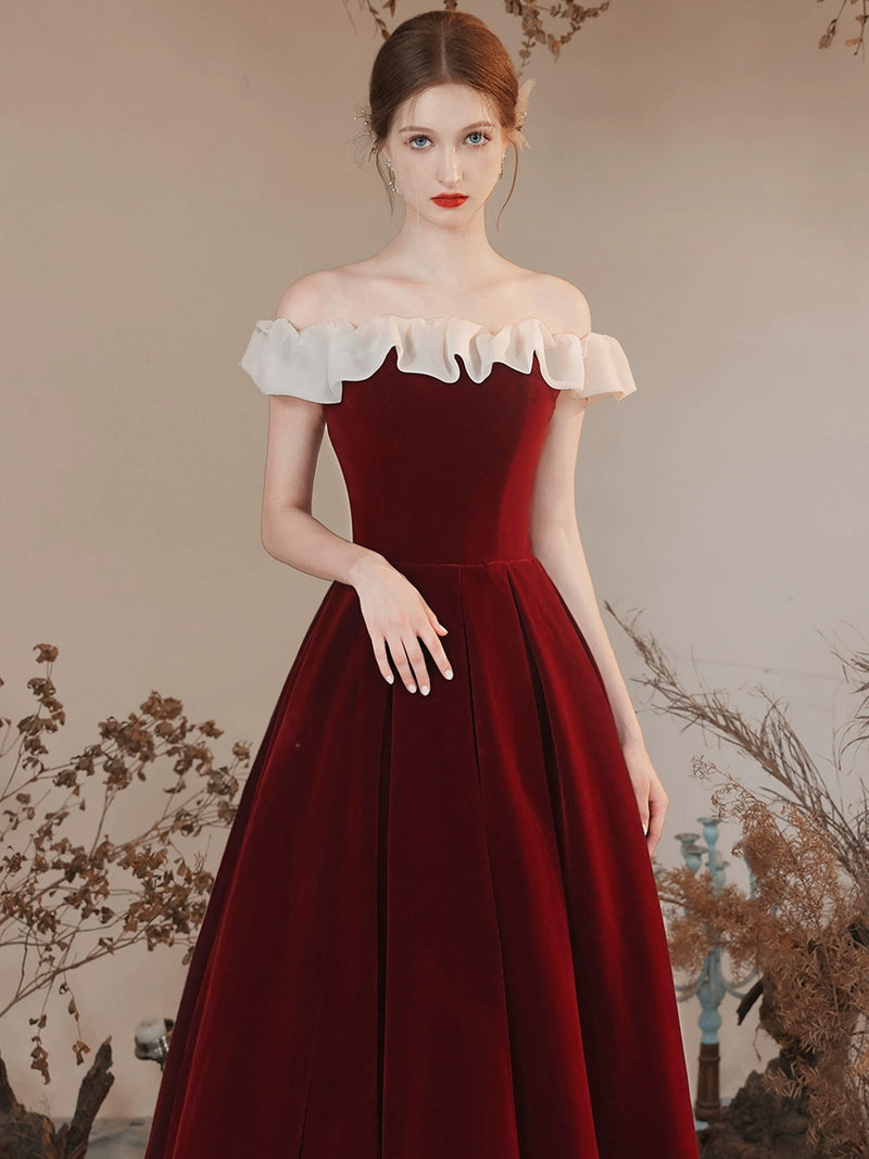 A-Line Off Shoulder Velvet Burgundy Long Prom Dress, Burgundy Formal Dress A-Line Off Shoulder Velvet Burgundy Long Prom Dress, Burgundy Formal Dress