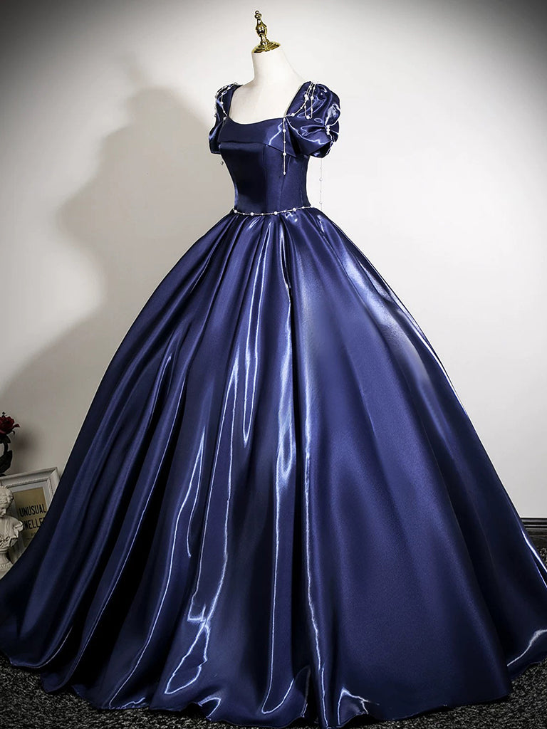 navy blue puffy prom dress Sweetheart Navy Blue Appliques A-line Ruffle Long Prom Dress