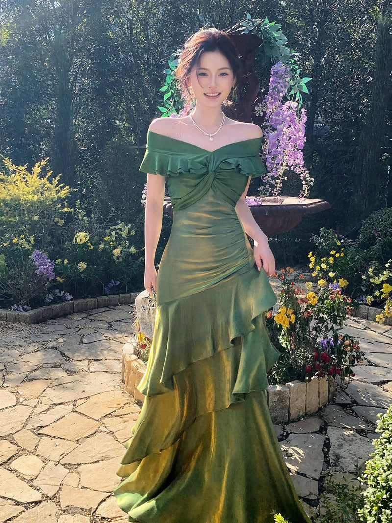 green off the shoulder mermaid dress Silk Floor Length Prom – shopluu Color:Burnt Brown Jovani 46034 luxury dress shoes evening party or any