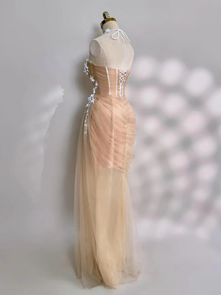 Mermaid Tulle Lace Floor Length Champagne Long Prom Dress US 12 / Champagne