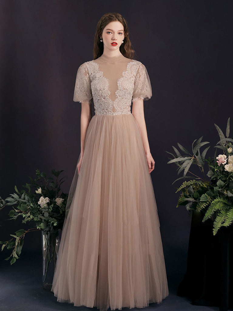 A-Line Tulle Lace Champagne Long Prom Dress, Champagne Long Bridesmaid Dress US 10 / Champagne A-Line Tulle Lace Champagne Long Prom Dress, Champagne Long Bridesmaid Dress US 10 / Champagne