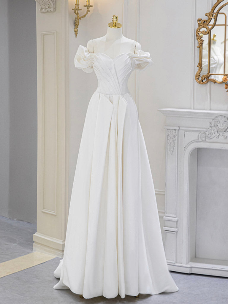 A-Line Off Shoulder Satin ivory Long Prom Dress, Ivory Long Bridesmaid Dress
