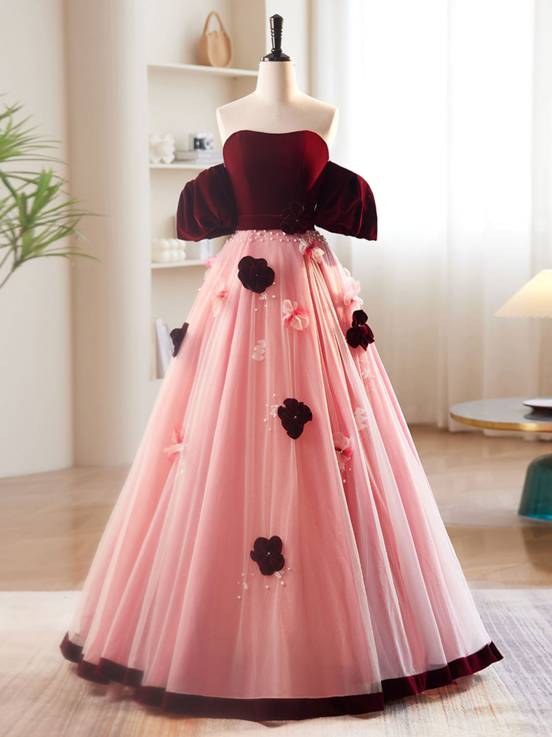 pink and burgundy dress A-Line Burgundy/Pink Tulle Velvet Long Prom Dress, Formal Dre Cross Open Back with