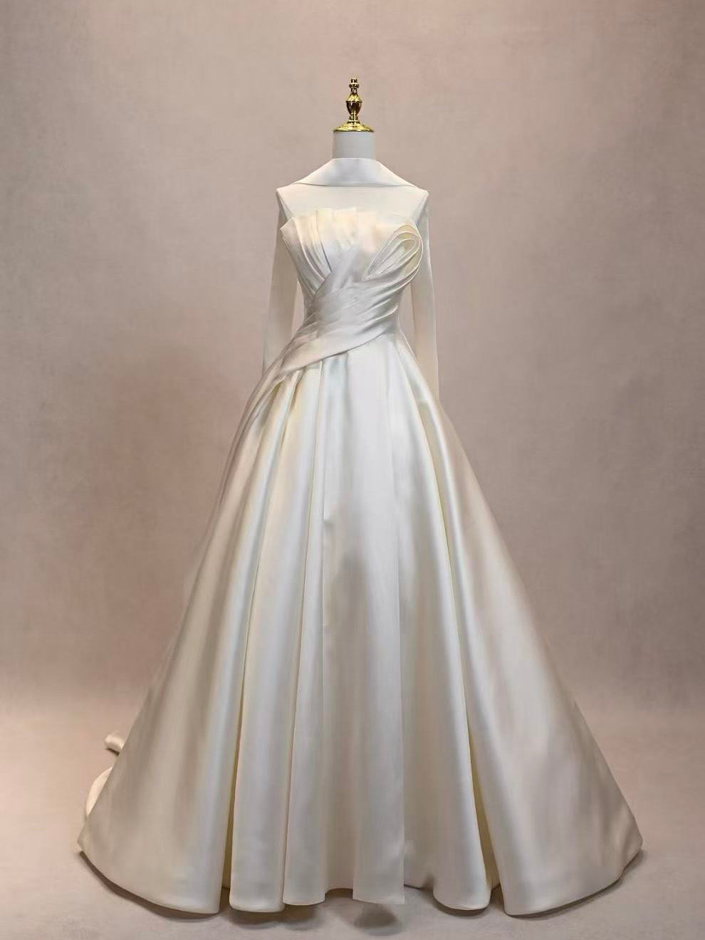 A-line Light Champagne Satin Long Prom Dress