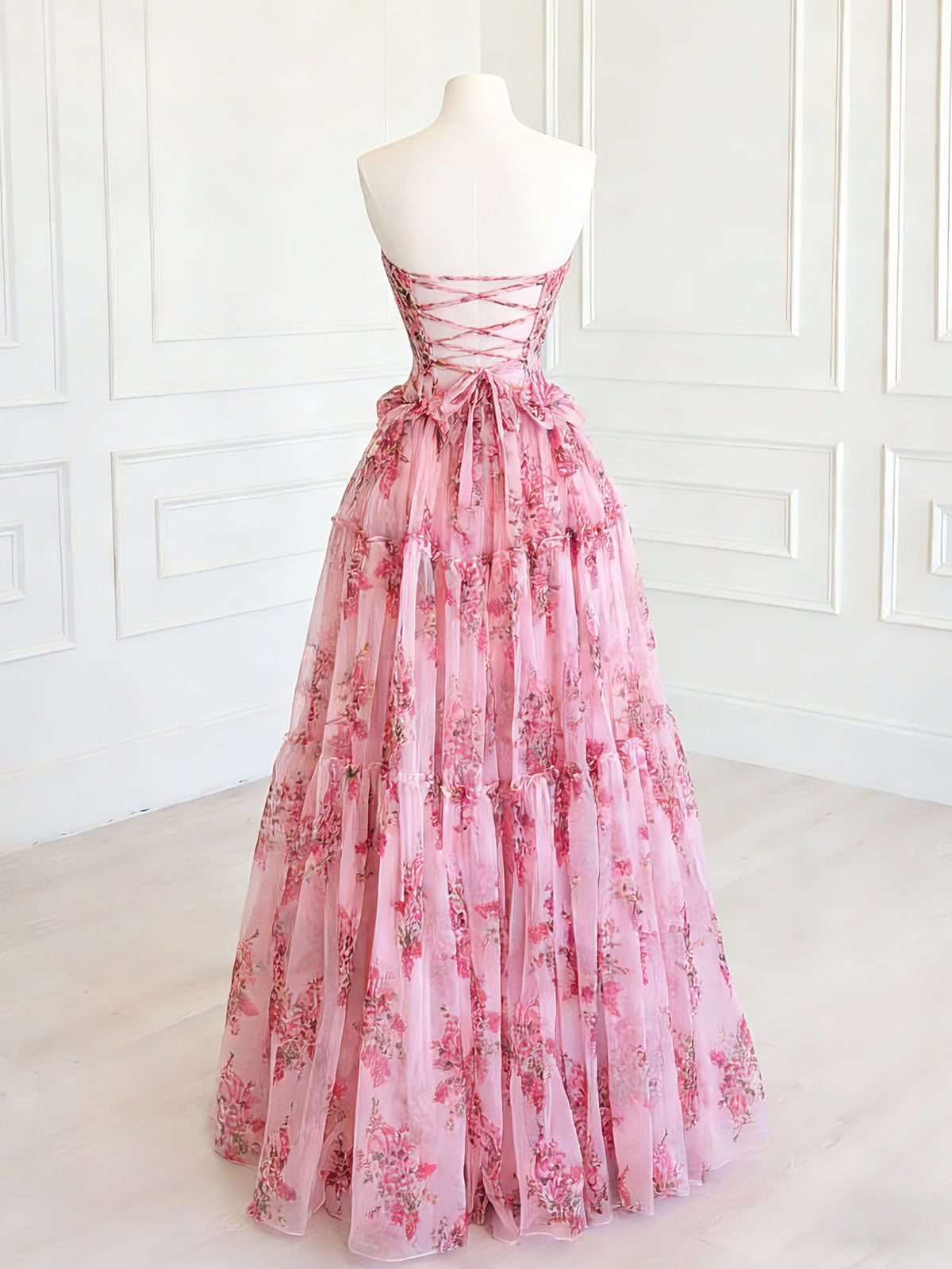 A-Line Floor Length Floral Pattern Pink Long Prom Dress
