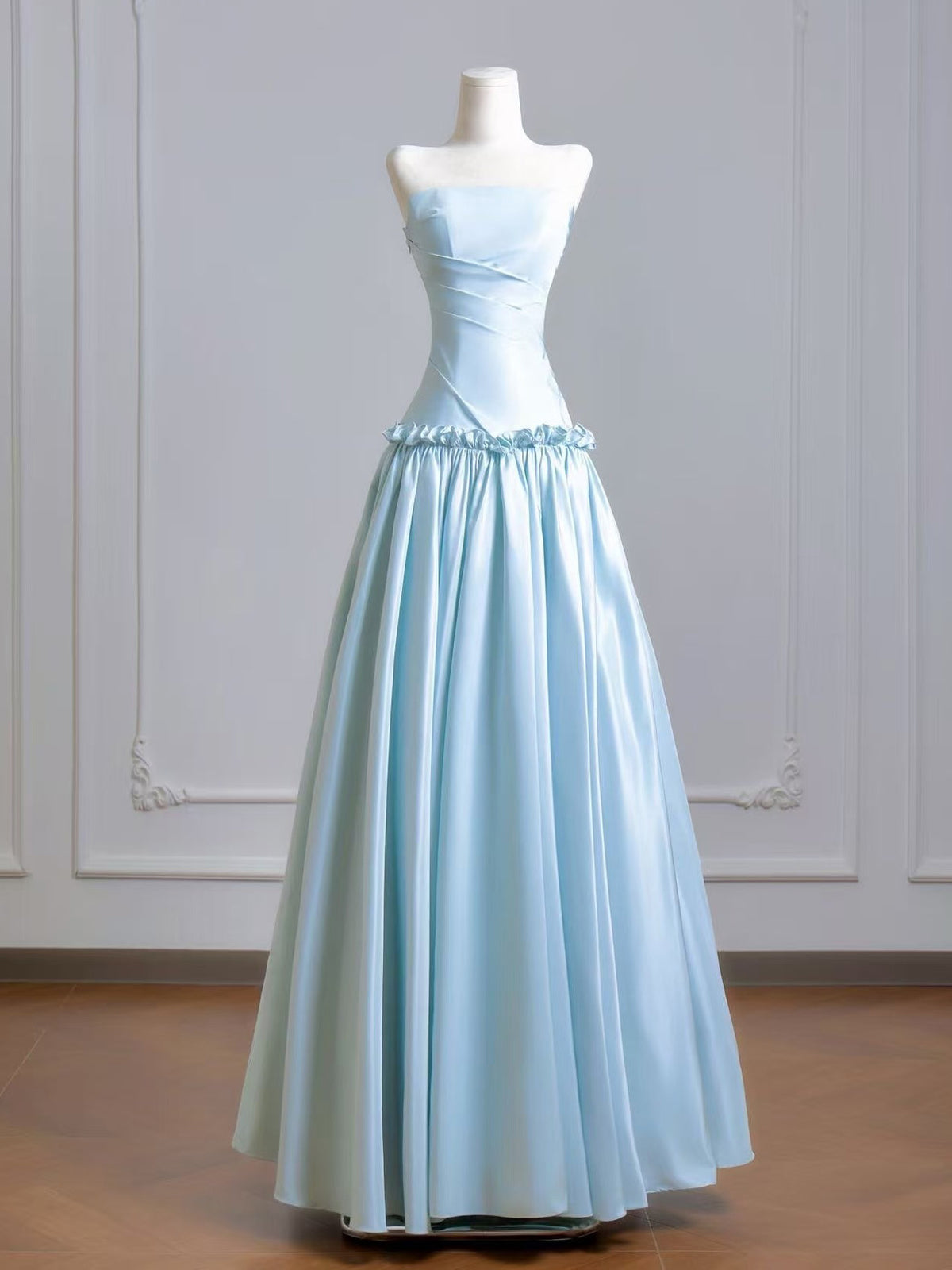 A-Line Blue Strapless Satin A-Line Prom Dress with Ruched Bodice