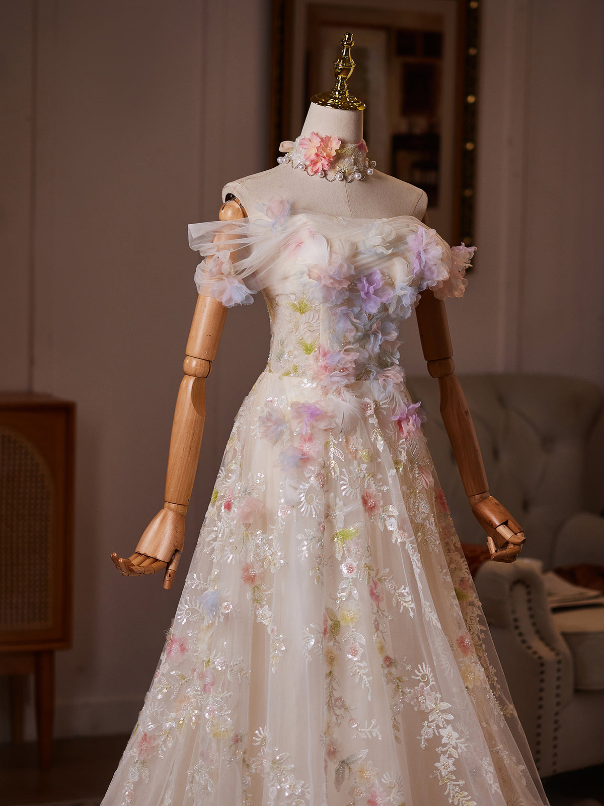 A-line Off Shoulder Tulle Lace Light Champagne Long Prom Dress