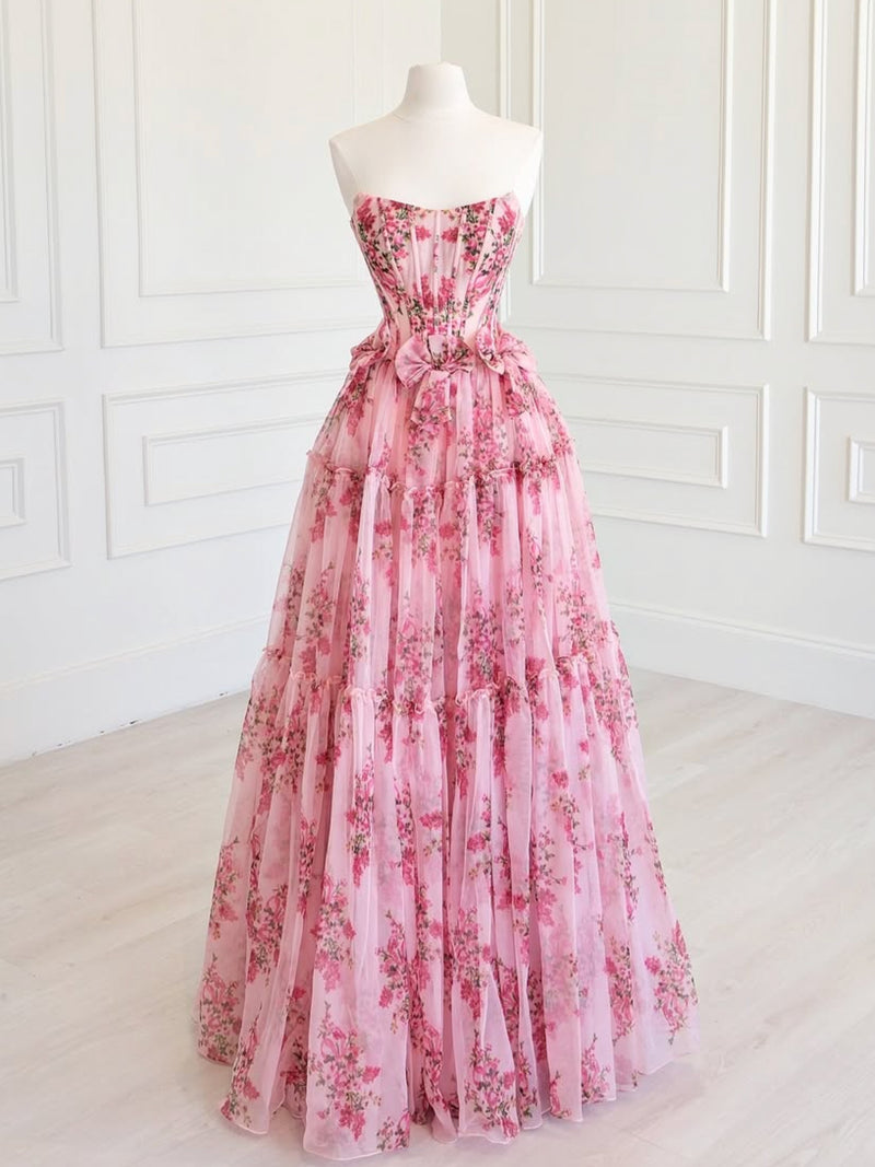 A-Line Floor Length Floral Pattern Pink Long Prom Dress – shopluu