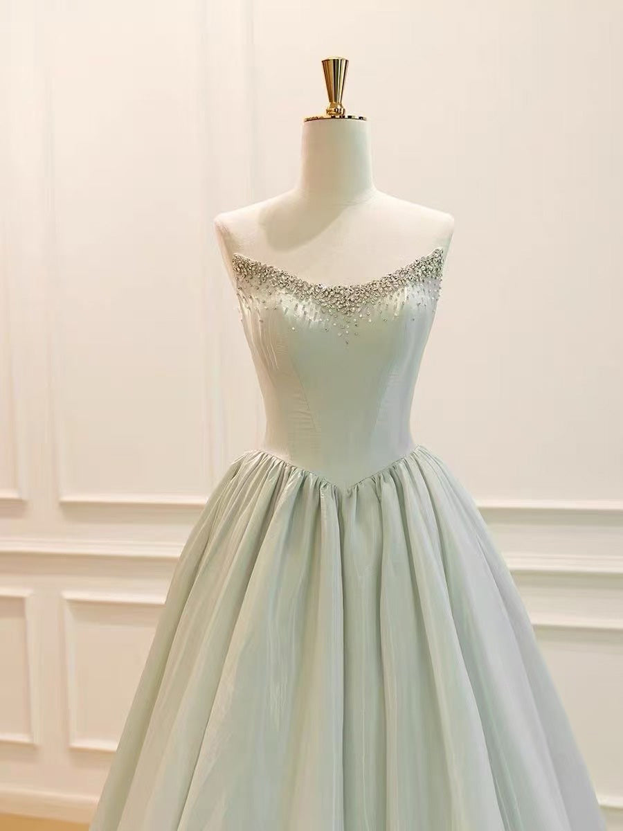 A-line V Neck Satin Beads Light Green Long Prom Dress