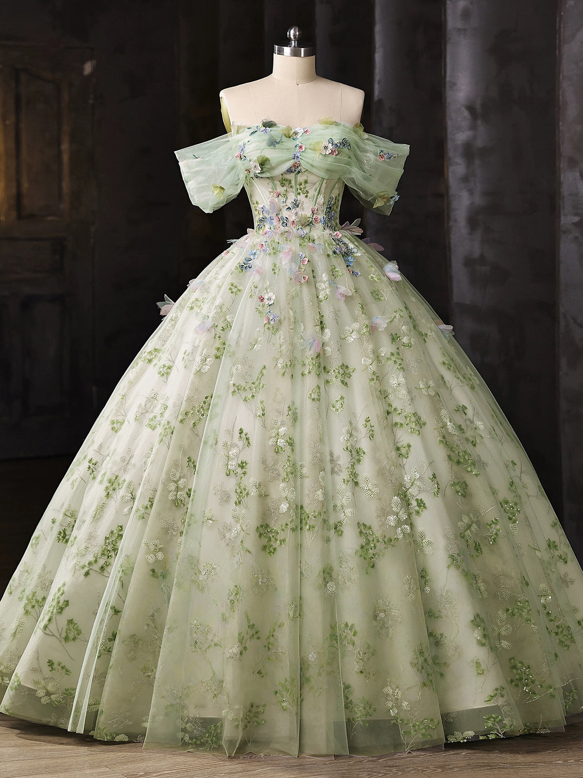 A-Line Off Shoulder Tulle Lace Green Long Prom Dress