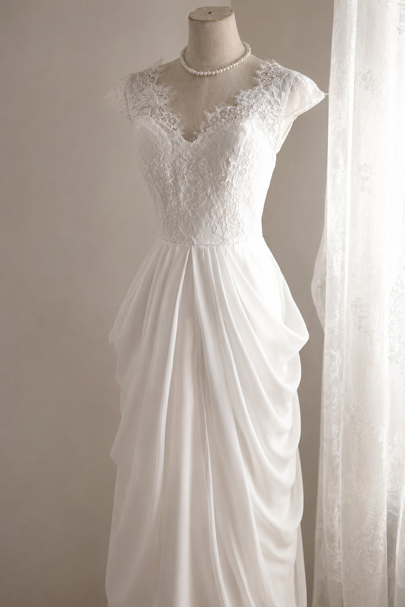 A-line V Neck Chiffon Lace ivory Long Party Bridesmaid Dress – shopluu