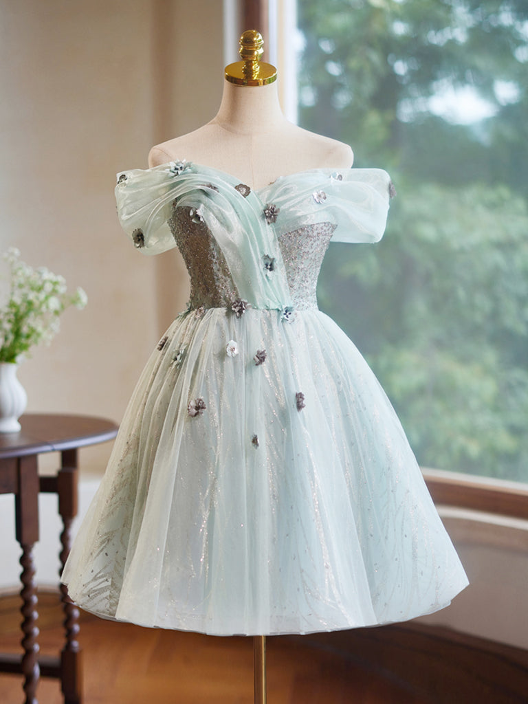 A-Line Off Shoulder Tulle Short Prom Dress, Green Homecoming Dress US 10 / Green A-Line Off Shoulder Tulle Short Prom Dress, Green Homecoming Dress US 10 / Green