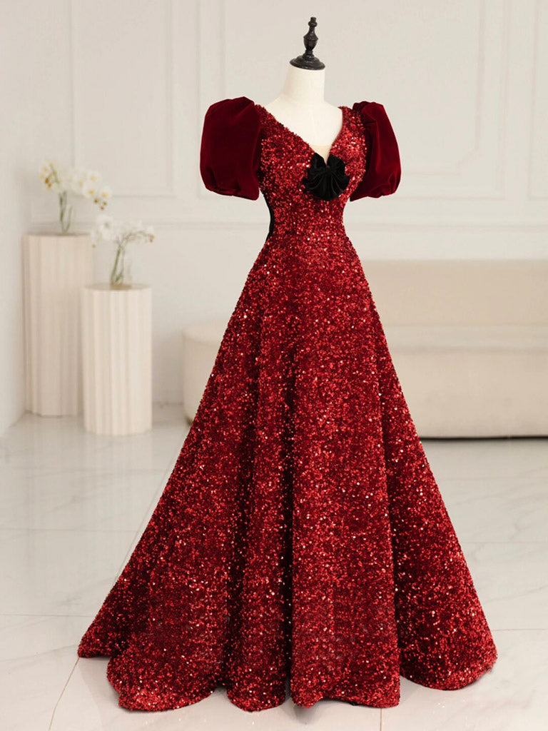 Burgundy V Neck Sequin Long Prom Dress, Burgundy Evening Dress Custom Size / Custom Color Burgundy V Neck Sequin Long Prom Dress, Burgundy Evening Dress Custom Size / Custom Color