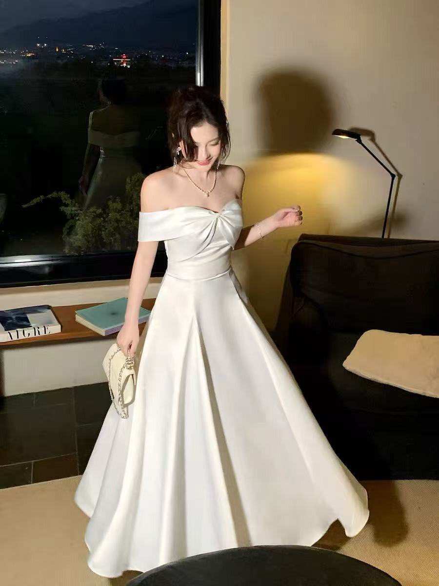 A-line Off Shoulder Sweetheart White Long Prom Dress