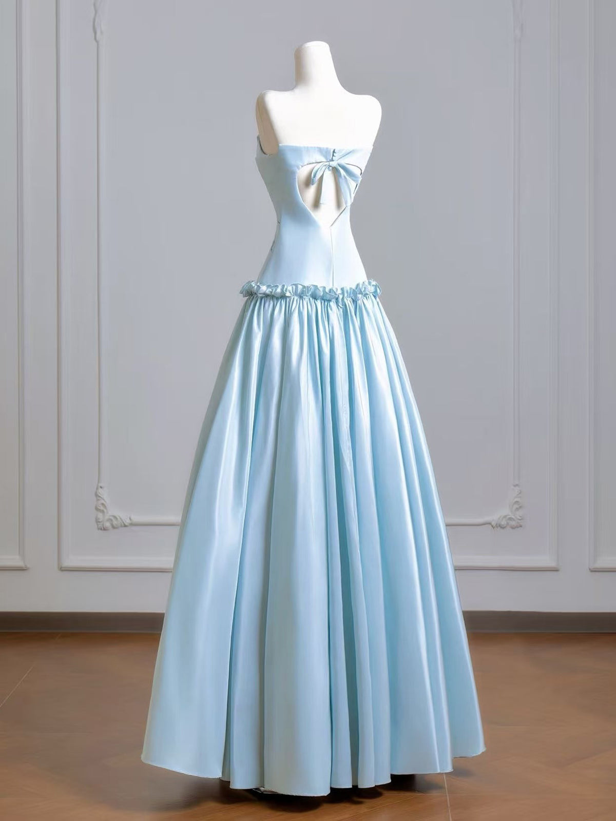 A-Line Blue Strapless Satin A-Line Prom Dress with Ruched Bodice