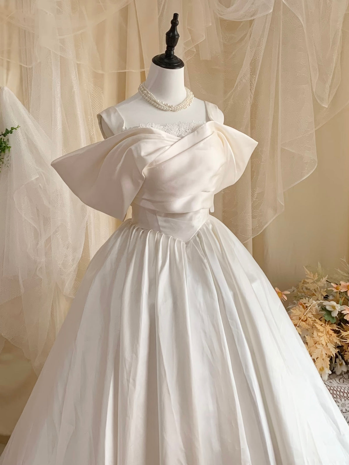 A-line Sweetheart Off Shoulder Floor Length Light Champagne Prom Dress with Lace