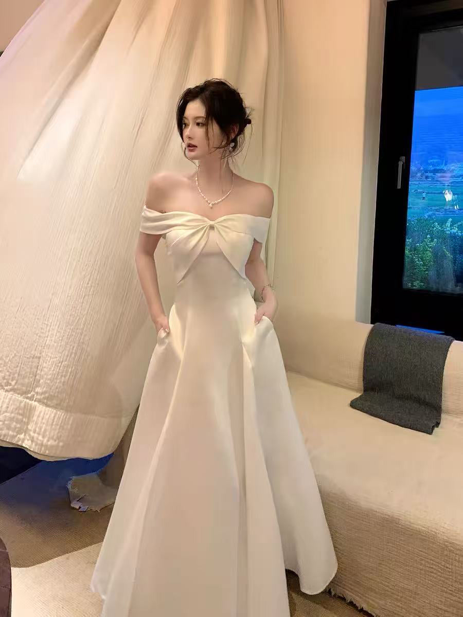 A-line Off Shoulder Sweetheart White Long Prom Dress