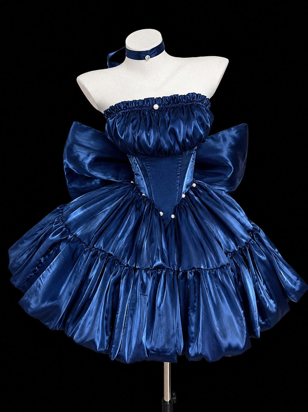 Unique A-line Satin Dark Blue Short Prom Dress with Bow