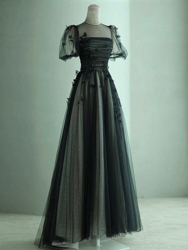 a line black dress full skirt A-Line Puff Sleeves Tulle Long Prom Dress, Black Formal Evening Size:OSO
