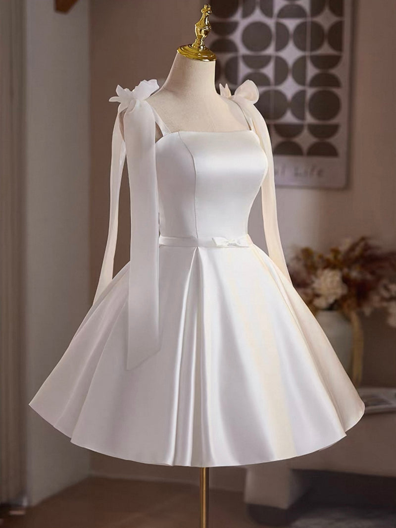 White Satin Knee Length Prom Dress, Lovely A-Line Party Dress White Bow US 6 / White White Satin Knee Length Prom Dress, Lovely A-Line Party Dress White Bow US 6 / White