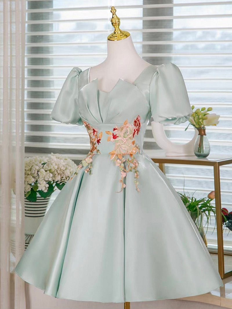 Light Green Satin Lace Applique Short Prom Dress, Cute Homecoming Dress Light Green Satin Lace Applique Short Prom Dress, Cute Homecoming Dress