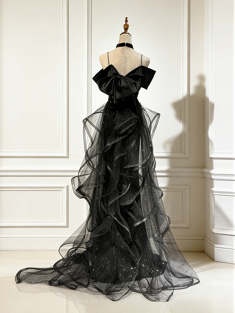 Sweetheart Off Shoulder Tulle Sequin Sweep Train Black Long Evening Dress US 2 / Black