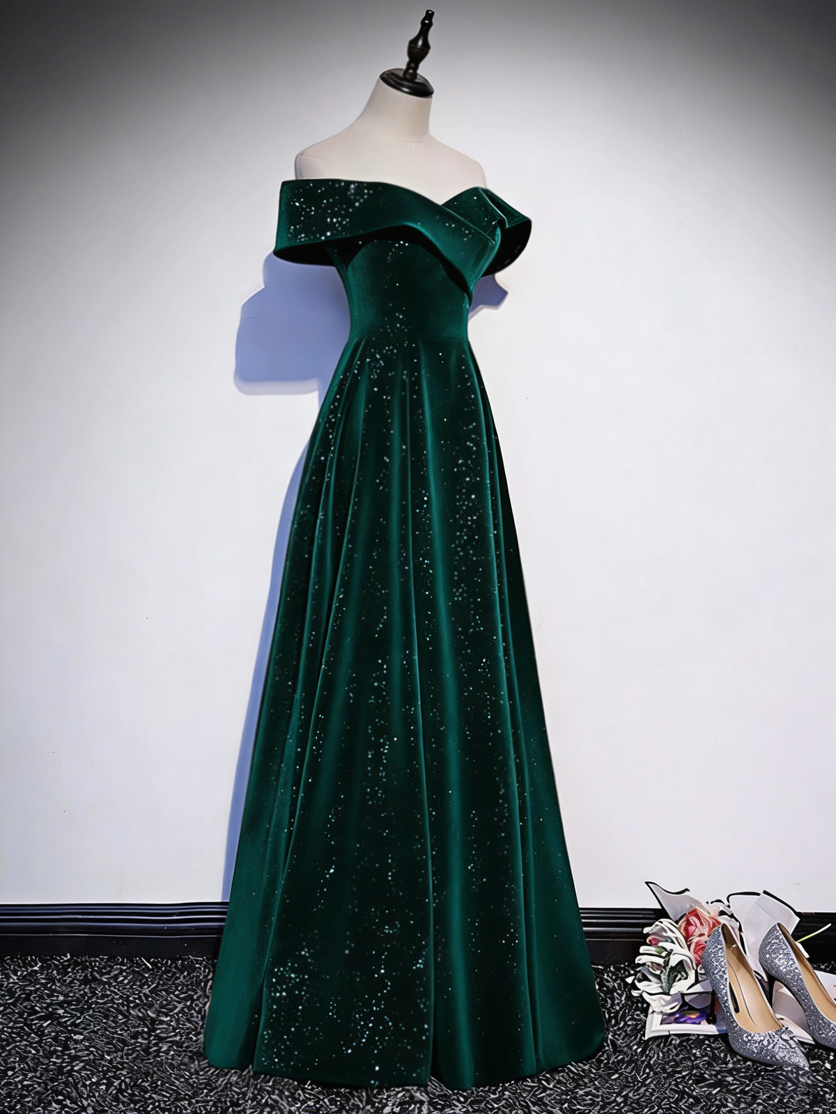 A-line Off Shoulder Velvet Floor Length Green Long Prom Dress