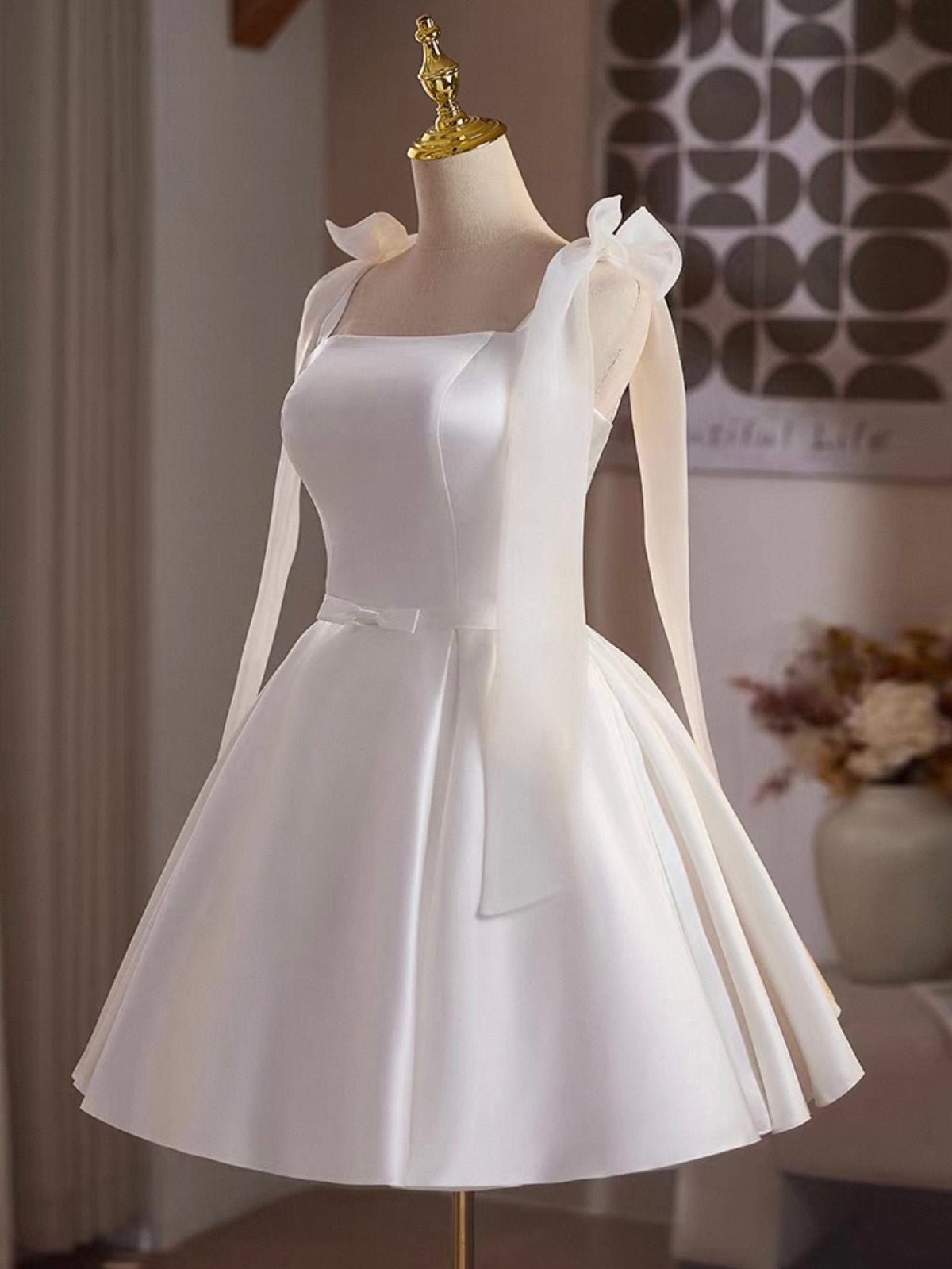Simple White Satin Short Prom Dress, White Homecoming Dress