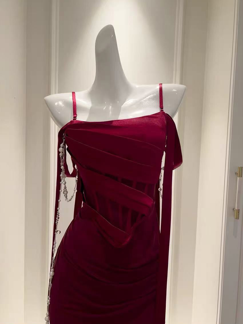Simple Mermaid Off Shoulder Burgundy Long Prom Dress with Beads