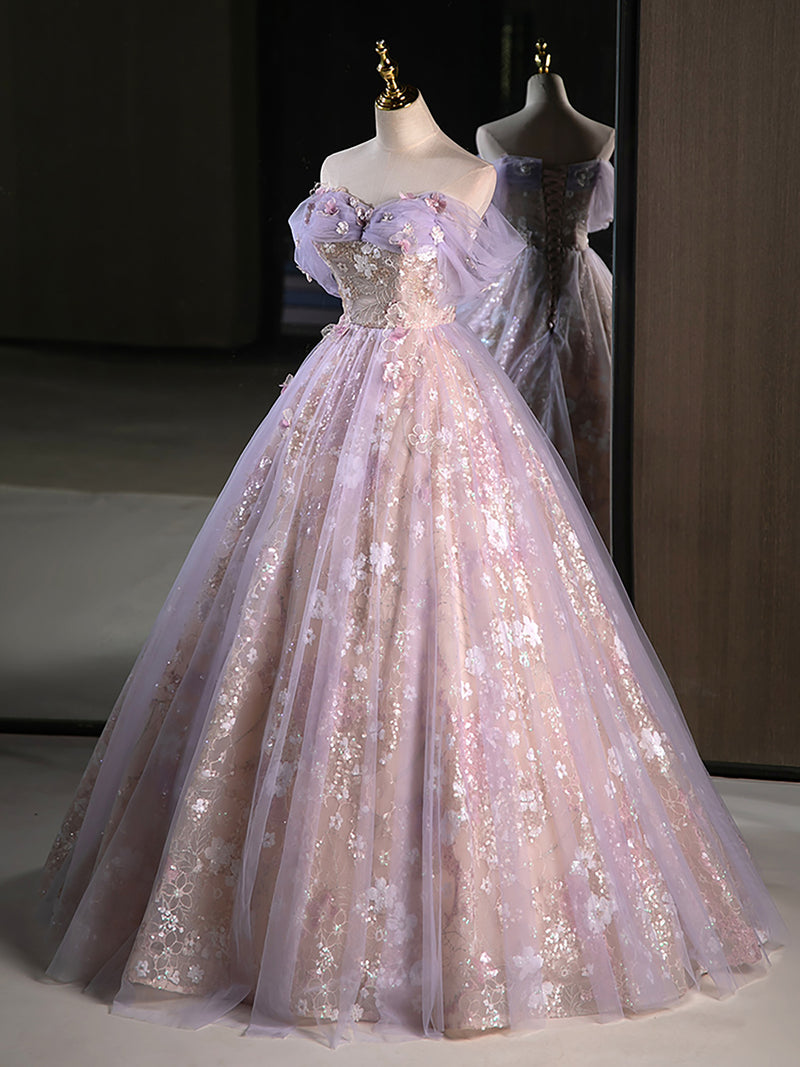 A-Line Off Shoulder Tulle Lace Purple Long Prom Dress, Purple Formal D shopluu A-Line Off Shoulder Tulle Lace Purple Long Prom Dress, Purple Formal D shopluu