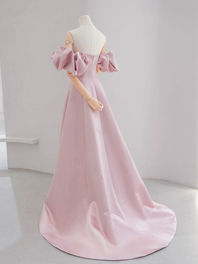 pink long puff sleeve dress A-Line Puff Sleeves Satin Pink Long Prom Dress, Pink Long Bridesmaid Dress US 16 / Custom Color
