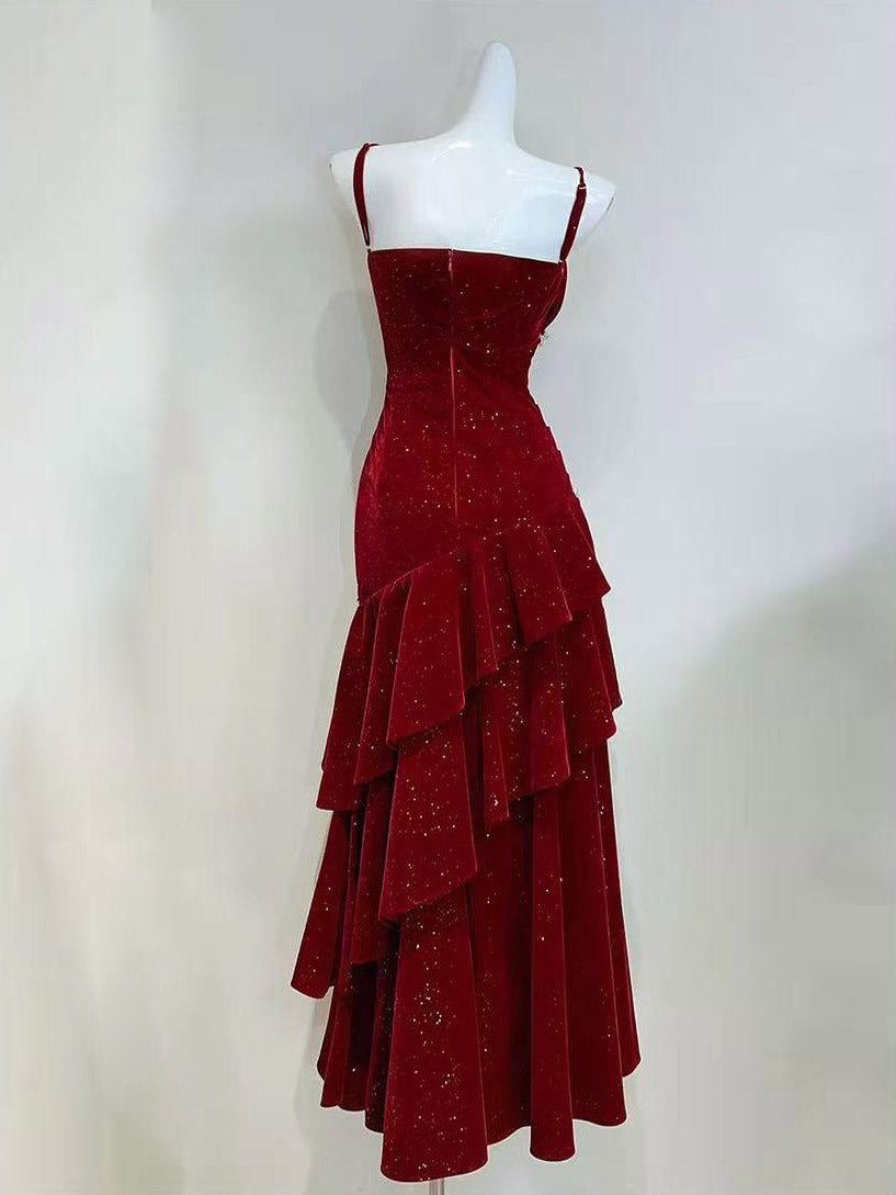 Unique Velvet Ruffles Floor Length Burgundy Prom Dress, Burgundy Party Dress