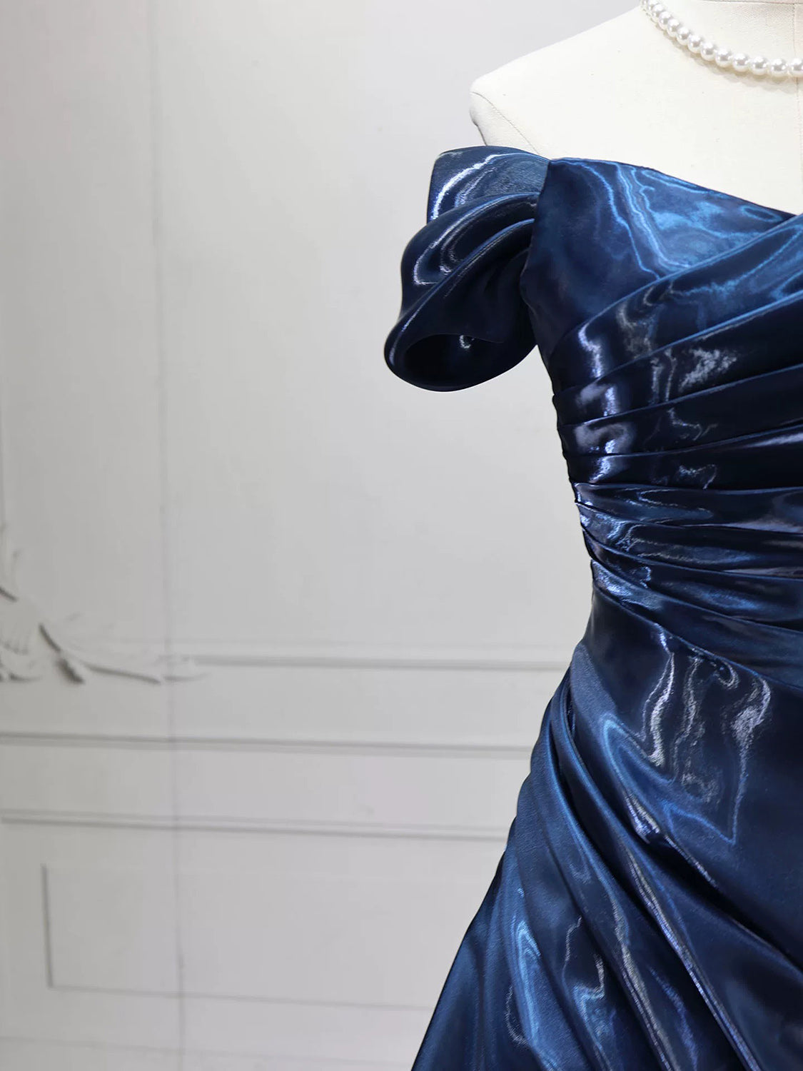 A-line Off Shoulder Dark Blue Long Prom Dress