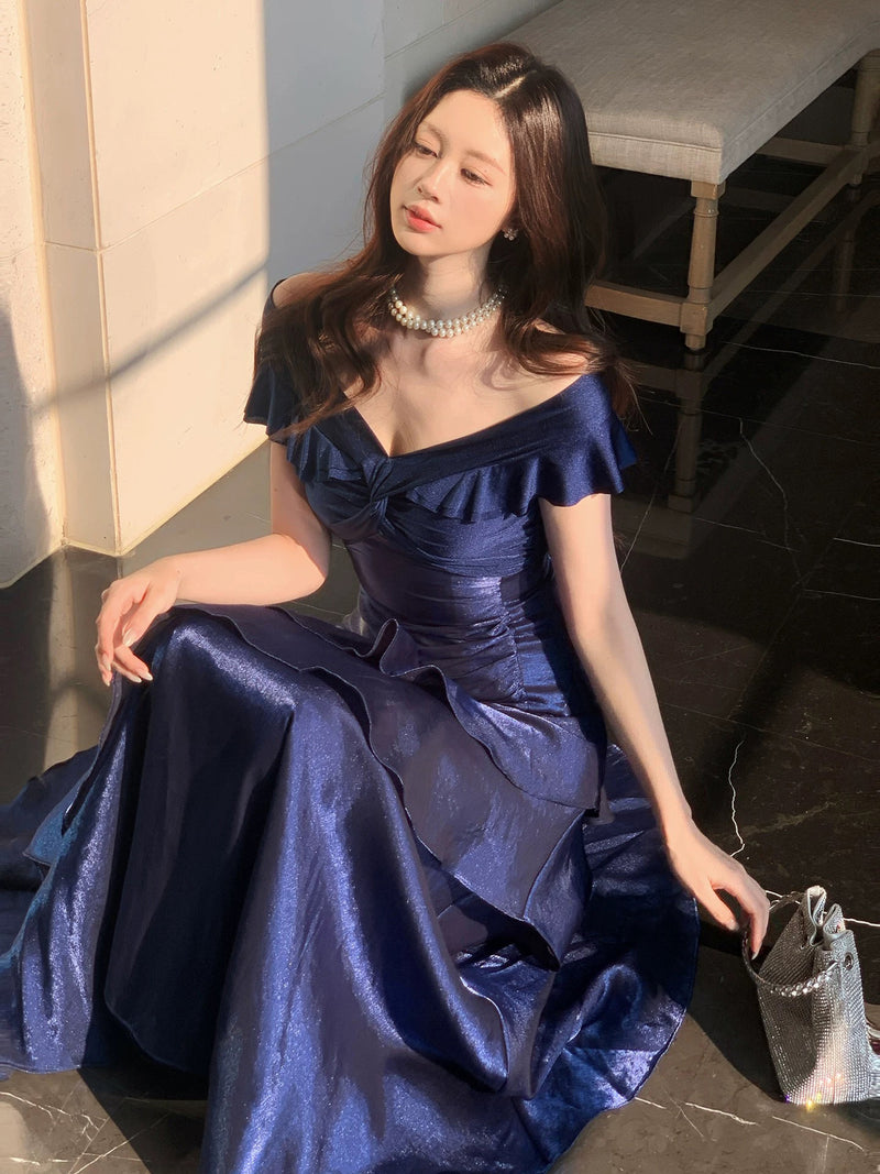 A-line Off Shoulder Off Shoulder Floor Length Dark Blue Prom Dress – shopluu