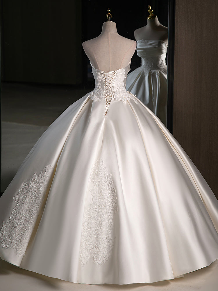 A-Line Satin Lace ivory Long Wedding Dress, Lace Weeding Party Dress shopluu A-Line Satin Lace ivory Long Wedding Dress, Lace Weeding Party Dress shopluu