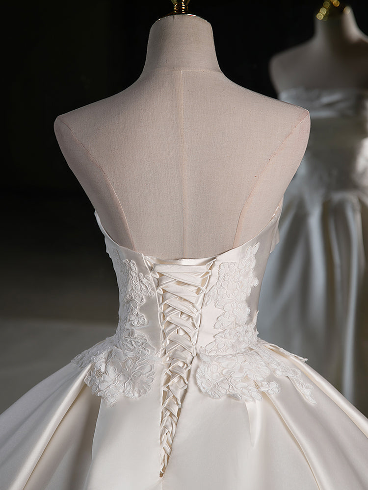 A-Line Satin Lace ivory Long Wedding Dress, Lace Weeding Party Dress